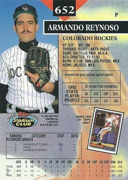 1993 Stadium Club #652 Armando Reynoso Back