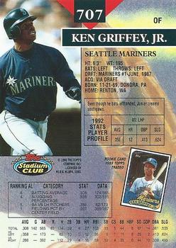 1993 Stadium Club #707 Ken Griffey, Jr. Back
