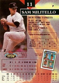 1993 Stadium Club #11 Sam Militello Back