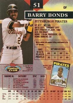 1993 Stadium Club #51 Barry Bonds Back