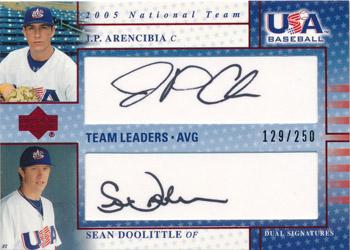 2005 Upper Deck USA Baseball 2005 National Team - Team Leaders Dual Signatures Black Ink #USA TL-1 J.P. Arencibia / Sean Doolittle Front