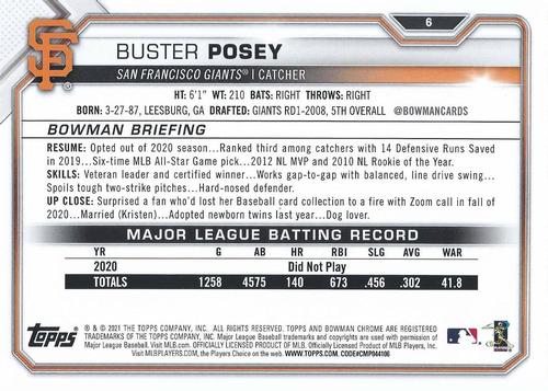 2021 Bowman 5x7 #6 Buster Posey Back