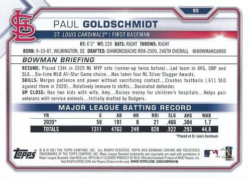 2021 Bowman 5x7 #95 Paul Goldschmidt Back