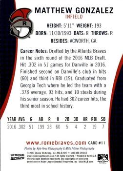 2017 Choice Rome Braves #11 Matthew Gonzalez Back