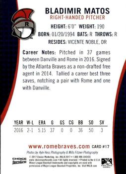 2017 Choice Rome Braves #17 Bladimir Matos Back