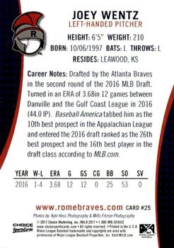 2017 Choice Rome Braves #25 Joey Wentz Back