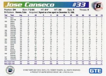 1999 GTE Tampa Bay Devil Rays #6 Jose Canseco Back