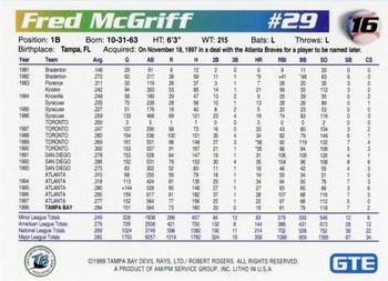 1999 GTE Tampa Bay Devil Rays #16 Fred McGriff Back