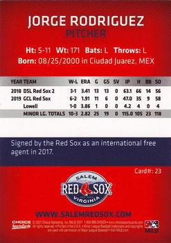2021 Choice Salem Red Sox #23 Jorge Rodriguez Back