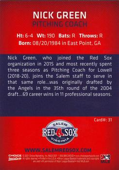 2021 Choice Salem Red Sox #31 Nick Green Back