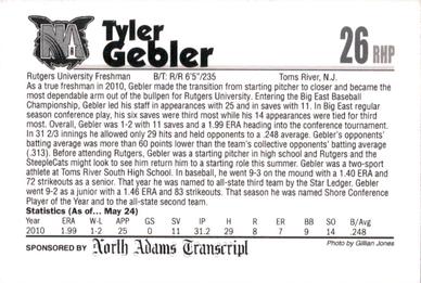 2011 North Adams SteepleCats #NNO Tyler Gebler Back