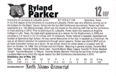 2011 North Adams SteepleCats #NNO Ryland Parker Back