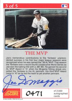 1992 Score - Joe DiMaggio: Yankee Clipper Autographs #3 Joe DiMaggio Back