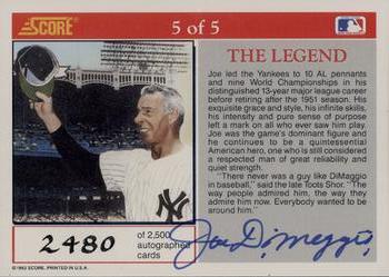 1992 Score - Joe DiMaggio: Yankee Clipper Autographs #5 Joe DiMaggio Back