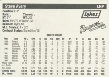 1995 Lykes Atlanta Braves #NNO Steve Avery Back