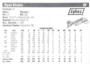 1995 Lykes Atlanta Braves #NNO Ryan Klesko Back
