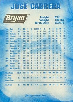 2001 Bryan Atlanta Braves #NNO Jose Cabrera Back