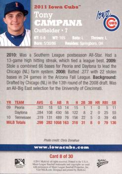 2011 MultiAd Iowa Cubs #8 Tony Campana Back