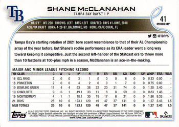 2022 Topps Opening Day #41 Shane McClanahan Back
