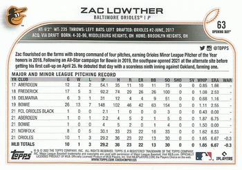 2022 Topps Opening Day #63 Zac Lowther Back