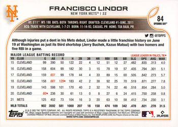 2022 Topps Opening Day #84 Francisco Lindor Back