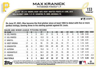 2022 Topps Opening Day #153 Max Kranick Back