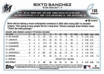 2022 Topps Opening Day #186 Sixto Sanchez Back