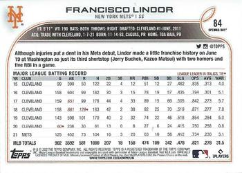 2022 Topps Opening Day #84 Francisco Lindor Back