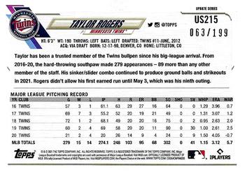 2021 Topps Update - Red Foilboard #US215 Taylor Rogers Back