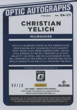 2021 Donruss Optic - Optic Autographs Gold #OA-CY Christian Yelich Back