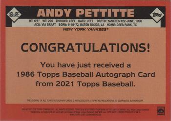 2021 Topps Update - 1986 Topps Baseball 35th Anniversary Autographs #86A-APE Andy Pettitte Back