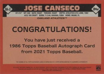 2021 Topps Update - 1986 Topps Baseball 35th Anniversary Autographs #86A-JC Jose Canseco Back