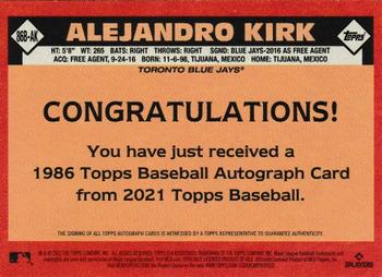 2021 Topps Update - 1986 Topps Baseball 35th Anniversary Autographs #86B-AK Alejandro Kirk Back