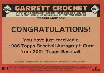 2021 Topps Update - 1986 Topps Baseball 35th Anniversary Autographs #86B-GC Garrett Crochet Back