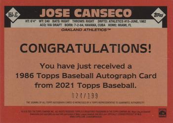 2021 Topps Update - 1986 Topps Baseball 35th Anniversary Autographs Black #86A-JC Jose Canseco Back