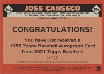 2021 Topps Update - 1986 Topps Baseball 35th Anniversary Autographs Red #86A-JC Jose Canseco Back