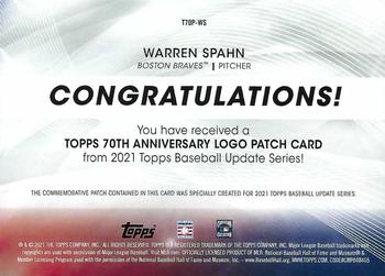 2021 Topps Update - Topps 70th Anniversary Manufactured Logo Patch #T70P-WS Warren Spahn Back
