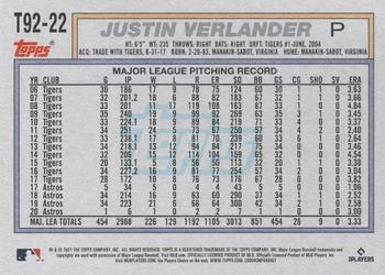 2021 Topps Update - 1992 Topps Redux #T92-22 Justin Verlander Back