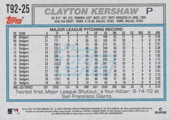 2021 Topps Update - 1992 Topps Redux #T92-25 Clayton Kershaw Back