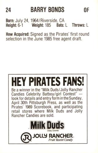 1989 Milk Duds Pittsburgh Pirates #NNO Barry Bonds Back