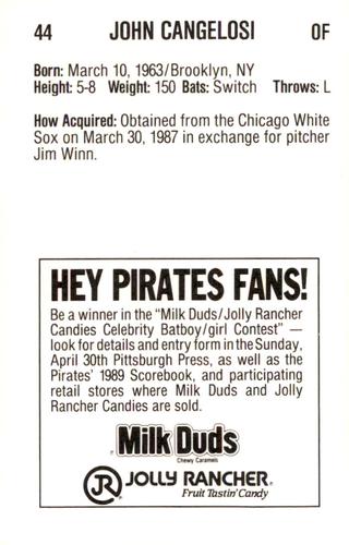 1989 Milk Duds Pittsburgh Pirates #NNO John Cangelosi Back