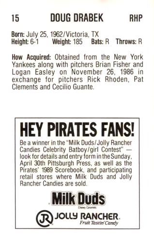 1989 Milk Duds Pittsburgh Pirates #NNO Doug Drabek Back