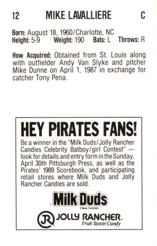 1989 Milk Duds Pittsburgh Pirates #NNO Mike LaValliere Back