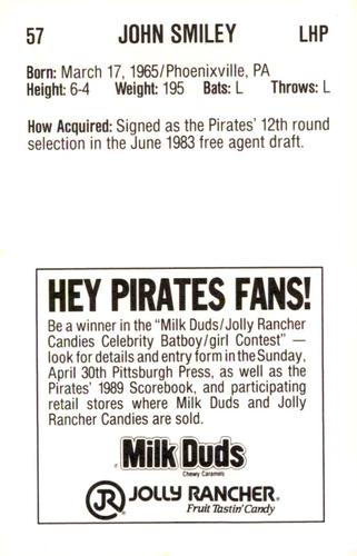 1989 Milk Duds Pittsburgh Pirates #NNO John Smiley Back