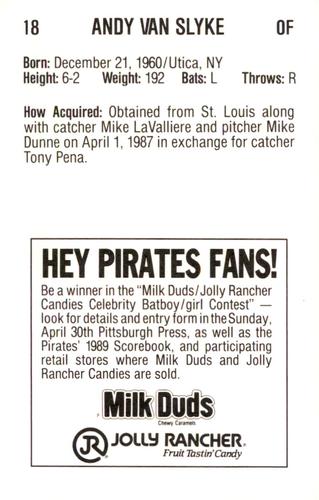 1989 Milk Duds Pittsburgh Pirates #NNO Andy Van Slyke Back