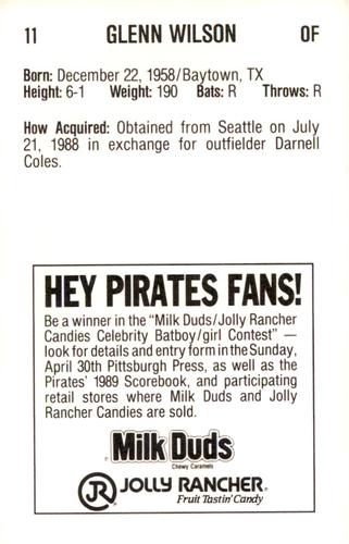 1989 Milk Duds Pittsburgh Pirates #NNO Glenn Wilson Back