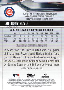 2021 Bowman Platinum - Ice Foil #45 Anthony Rizzo Back