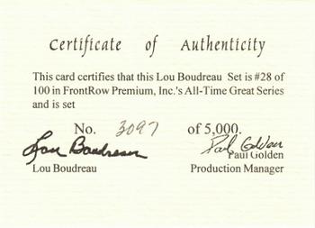 1994 Front Row Premium All-Time Greats Lou Boudreau #NNO Certificate of Authenticity Front