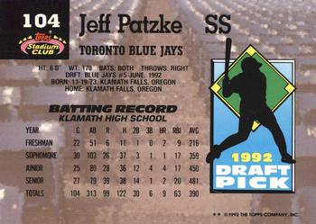 1993 Stadium Club Murphy #104 Jeff Patzke Back