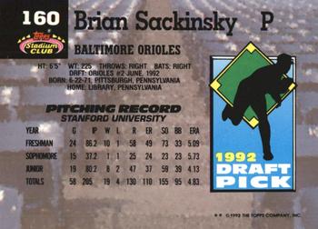 1993 Stadium Club Murphy #160 Brian Sackinsky Back